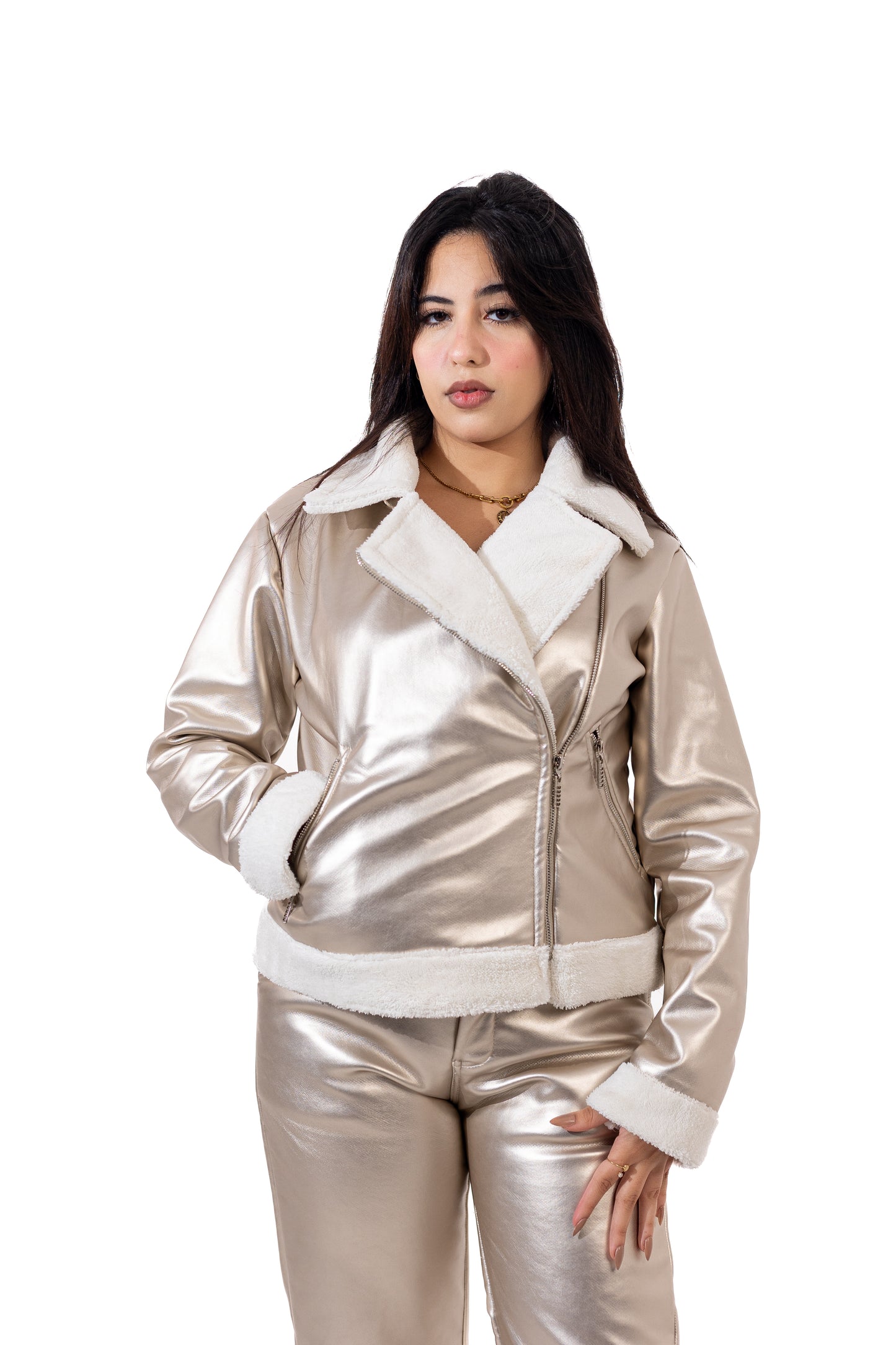 Champagne Leather Suit Padded with Fur