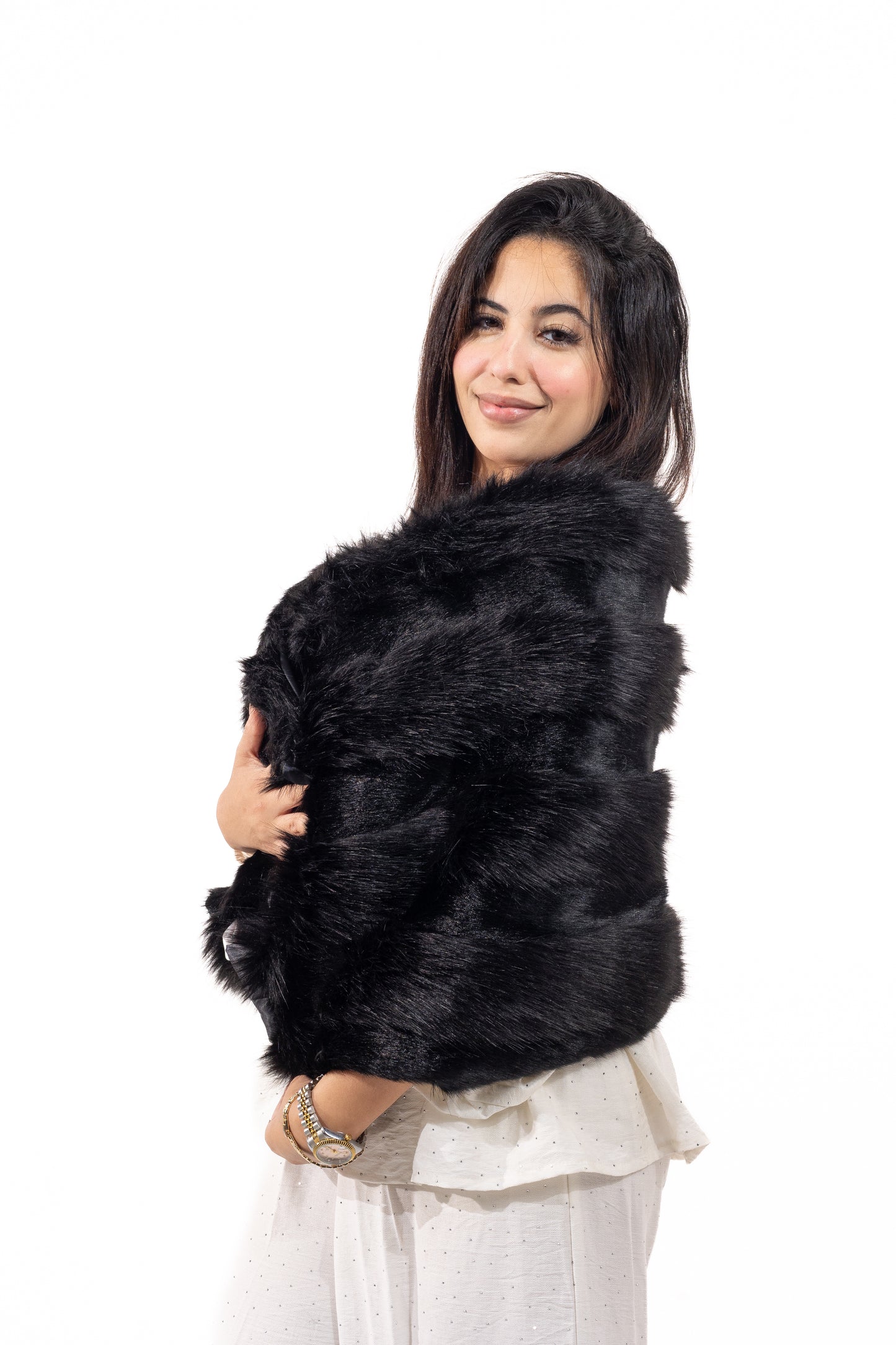 Ribbed Faux Fur Shawl - Black
