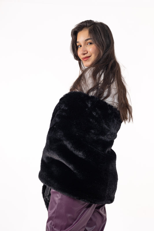 Black Faux Mink Fur Shawl - Black
